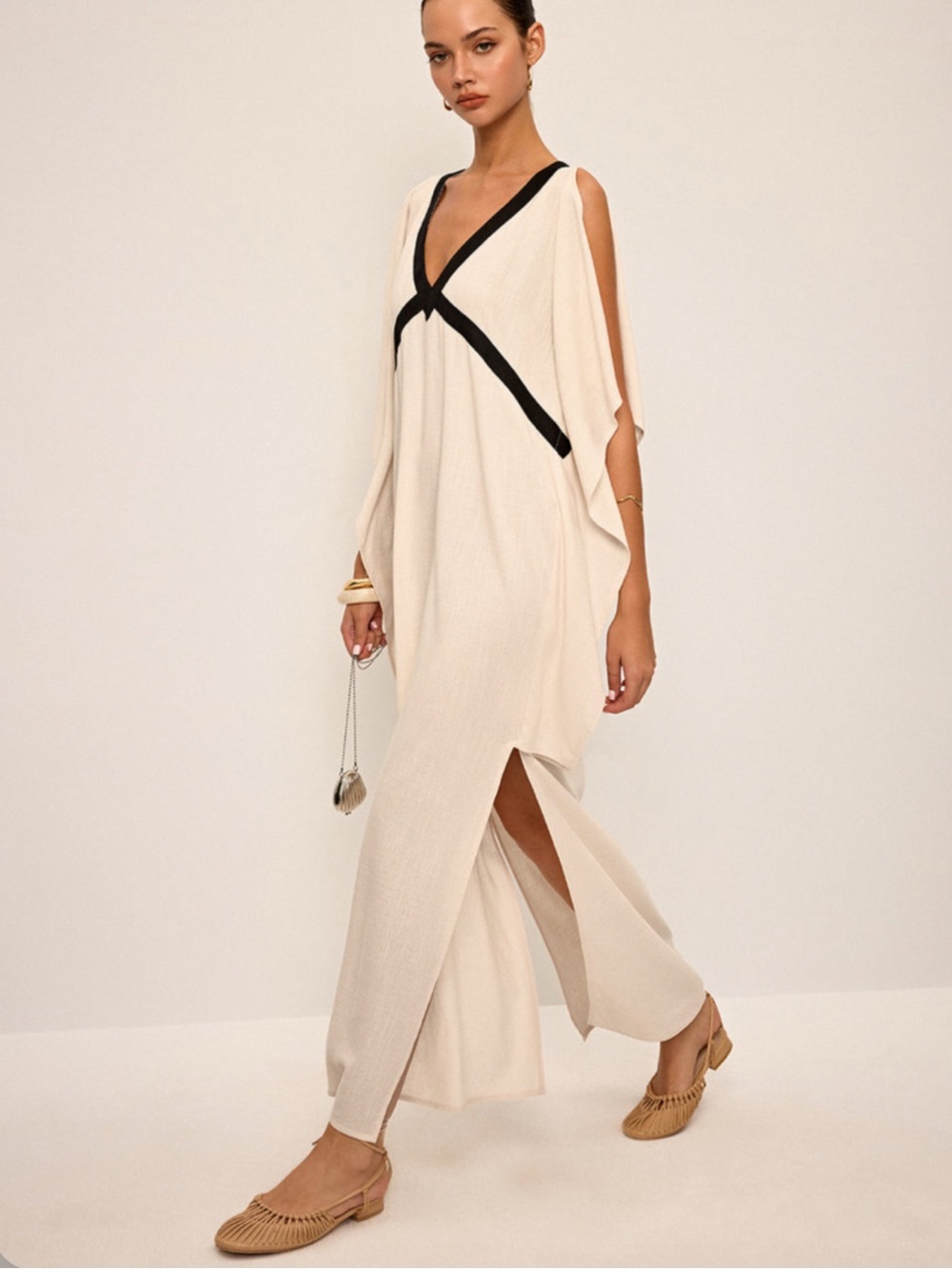 NWT Contrast Trim Maxi Kaftan Dress | Cream & Black | Resort Vacation Dress - Picture 3 of 6